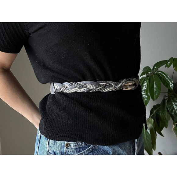 vtg 80s silver braided rope belt Ginnie Johansen knotted fisherman macrame - Picture 3 of 6